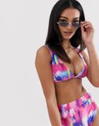 Asos Design Fuller Bust V Front Plunge Bikini Crop In Smudge Print Dd-g-multi