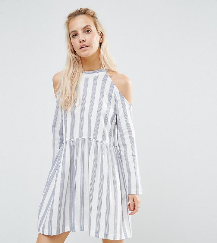 Asos Petite Cold Shoulder Cotton Stripe Smock Mini Dress - Multi