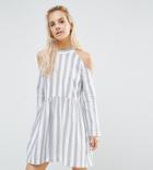 Asos Petite Cold Shoulder Cotton Stripe Smock Mini Dress - Multi