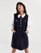 Sister Jane Pinafore Dress With Shirt Layer And Heart Buttons In Cord-navy