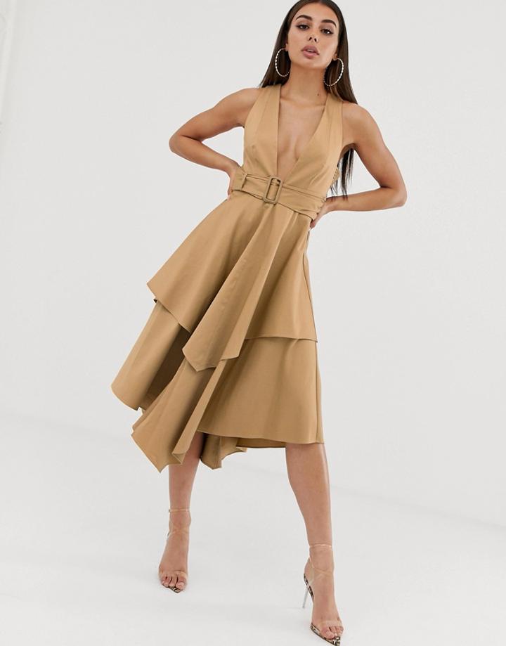 Asos Design Plunge Front Structured Midi Dress With Layered Skirt And Belt - Gold