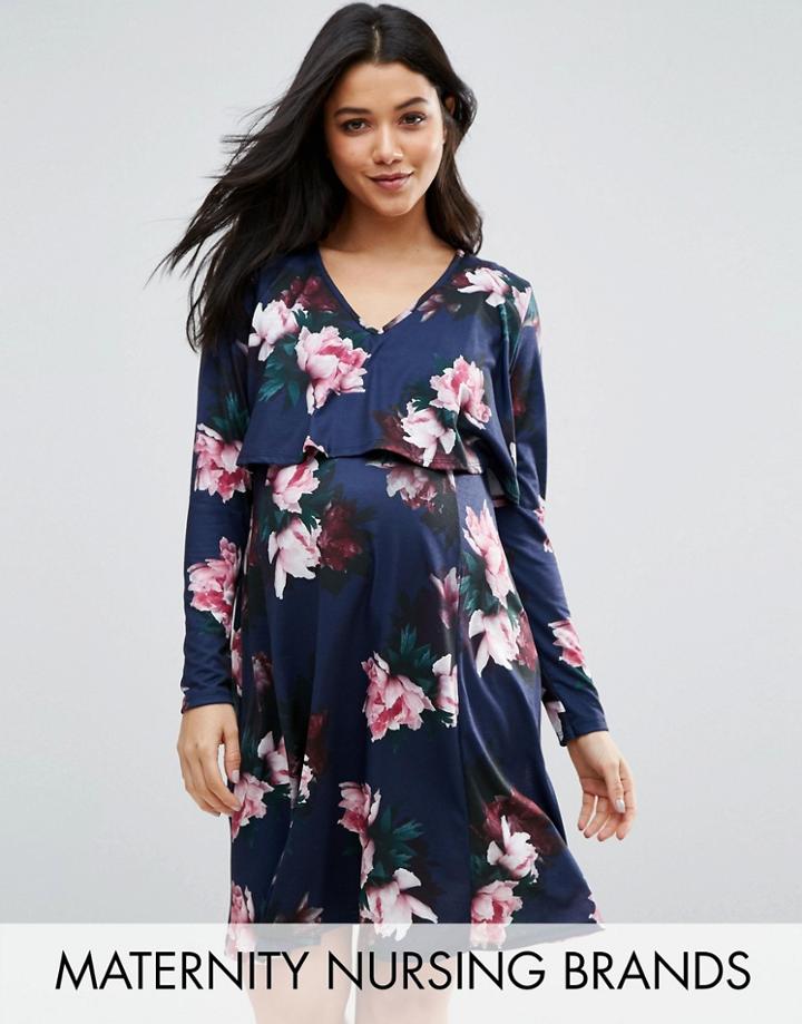 Bluebelle Maternity Nursing Long Sleeve Double Layer Dress - Navy