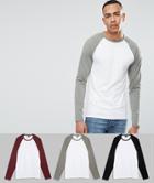 Asos Tall Muscle Fit Long Sleeve T-shirt With Contrast Raglan 3 Pack Save - Multi