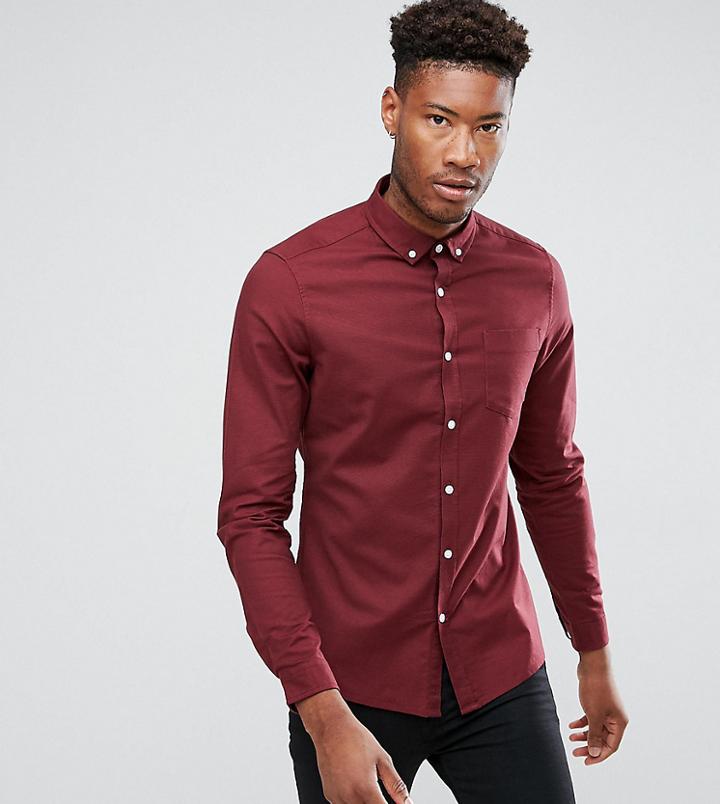 Asos Tall Casual Slim Oxford In Burgundy - Red