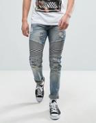 Reason Biker Jeans In Mid Wash With Distressing - Blue