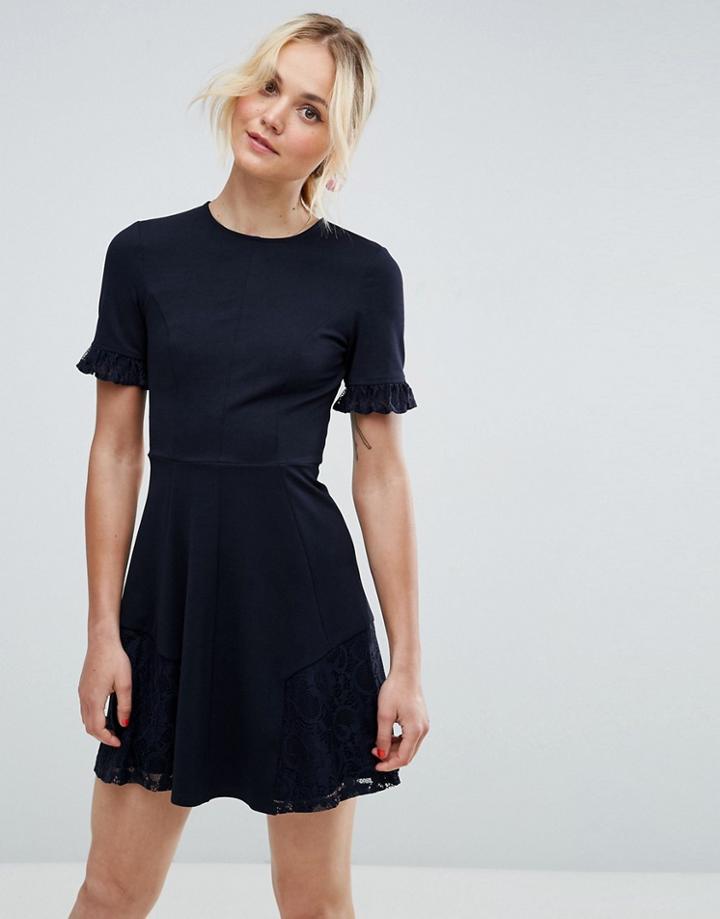 Asos Lace Insert Mini Skater Dress - Navy