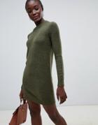 Pieces Funnel Neck Mini Sweater Dress In Khaki-green