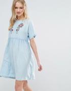 Influence Button Detail Smock Dress With Embroidery - Blue