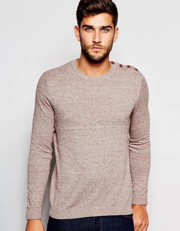Asos Cotton Sweater With Button Shoulder - Brown Ecru Twist