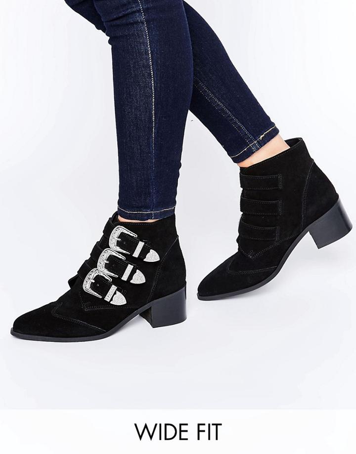 Asos Regina Wide Fit Suede Western Buckle Boots - Black