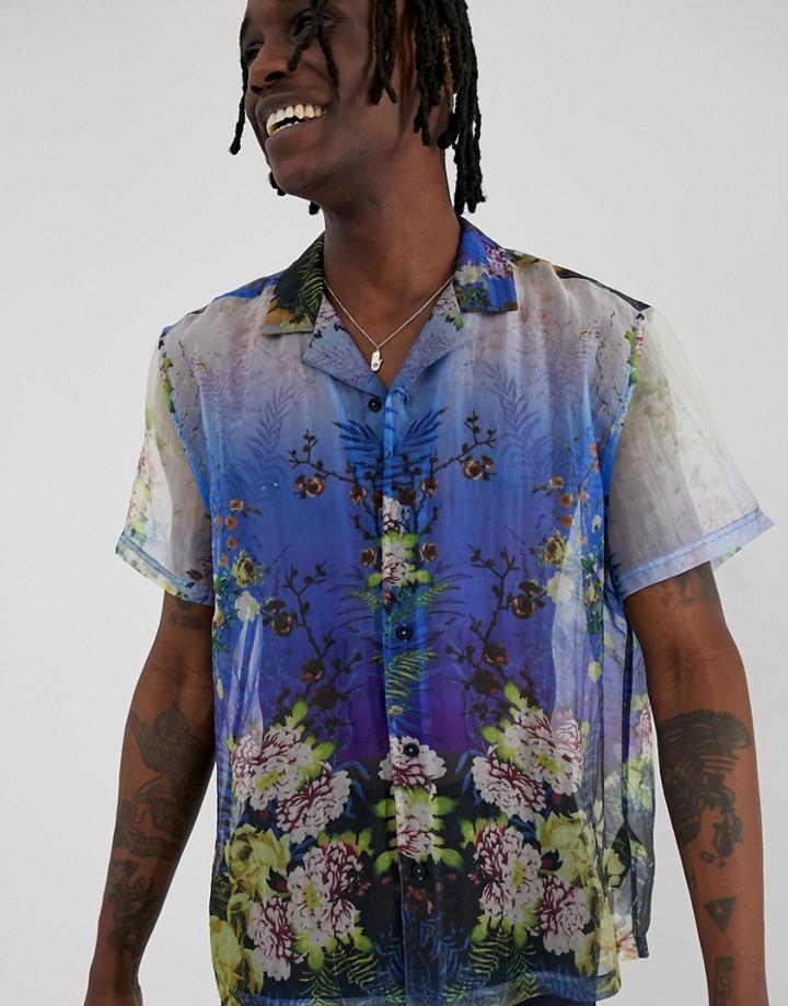 Asos Design Regular Fit Shirt In Sheer Organza Floral - Blue