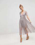 Asos Embellished Deep Plunge Mesh Midi Dress With Delicate Beading - Gray