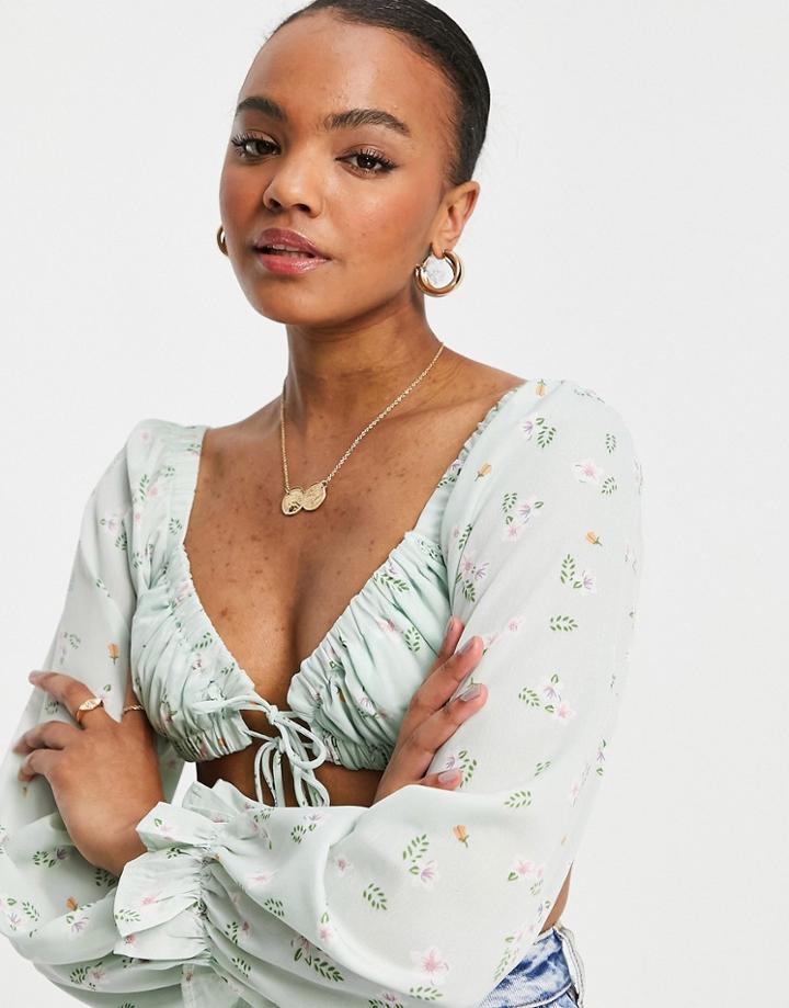 Love Triangle Coordinating Milkmaid Top With Puff Sleeves And Tie Front In Mint Floral-multi