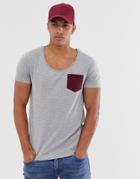 Asos Design T-shirt With Deep Scoop Neck And Contrast Pocket In Gray Marl - Gray