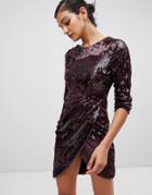 Little Mistress Long Sleeve All Over Sequin Dress With Ruched Detail-red