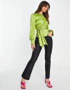 Asos Design Drape Side Top With Tie In Green Satin