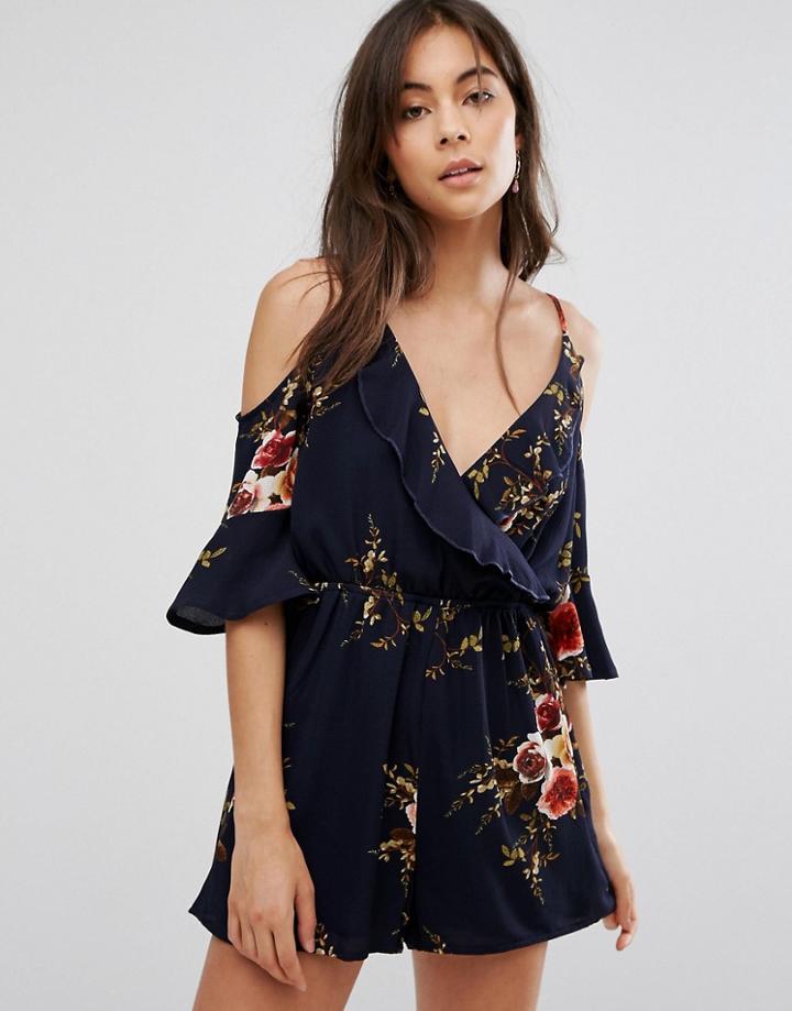 Parisian Cold Shoulder Floral Romper - Navy
