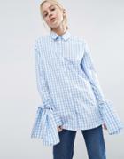 Asos Gingham Check Cotton Shirt With Extreme Tie Sleeves - Blue