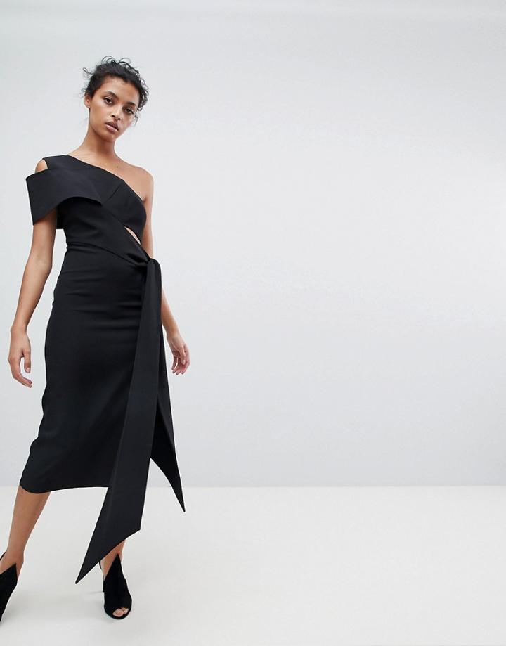 Aq/aq One Shoulder Drape Front Midi Pencil Dress - Black