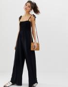 Asos Design Shirred Bodice Jumpsuit With Tie Straps - Black
