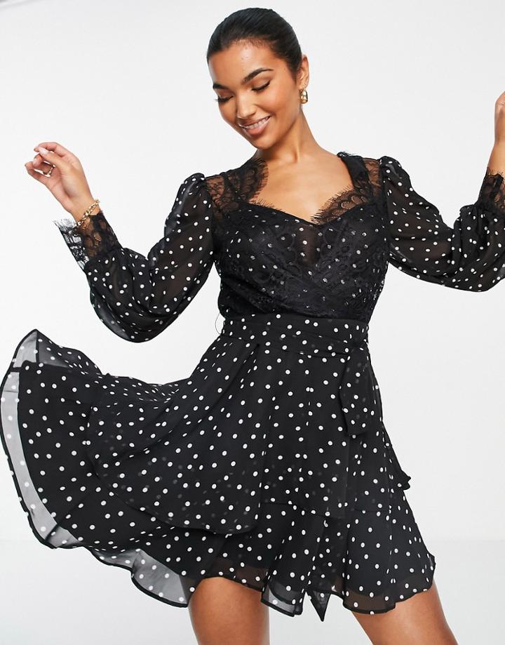 Asos Design Soft Mini Skater Dress In Polka Dot With Eyelash Lace Details-multi