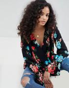 Asos Oversized Wrap Blouse With Dip Hem In Floral - Multi