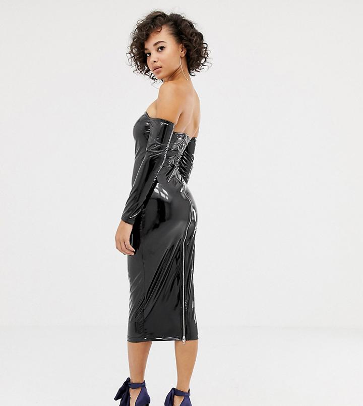 Asos Design X Laquan Smith Off Shoulder Midi Dress In Vinyl - Black