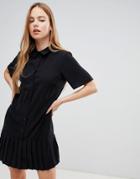 Asos Design Mini Shirt Dress With Pleated Hem - Black