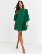 Asos Design Pleated Trapeze Mini Dress With Puff Sleeves In Dobby
