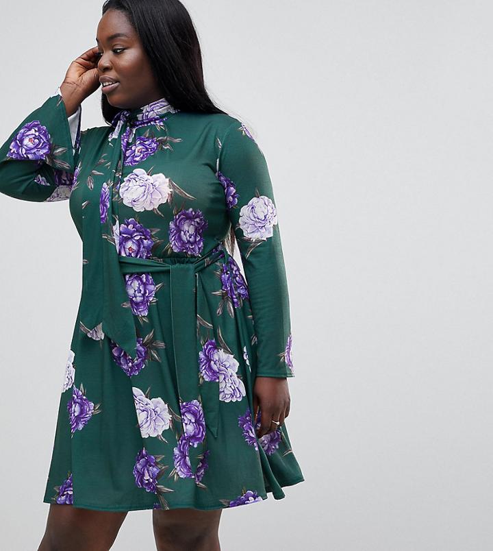 Club L Plus High Neck Printed Dress - Green