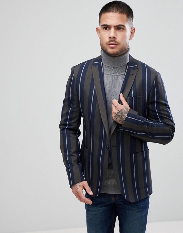 Asos Skinny Blazer In Bold Stripe - Green