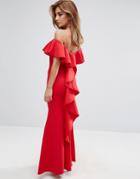 Club L Fishtail Maxi Dress With Waterfall Frill Back Detail - Red