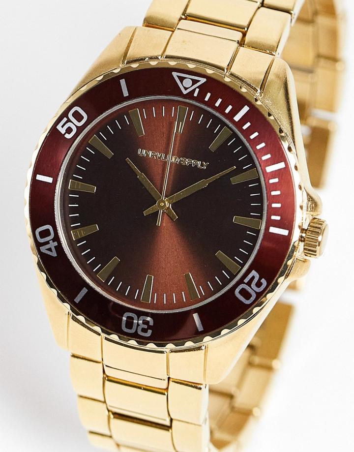 Asos Design Bracelet Watch In Gold With Brown Face Details