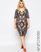 Asos Curve Wiggle Dress With Placed Floral Print - Multi