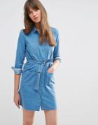 Asos Denim Belted Shirt Dress In Washed Blue - Midwash Blue