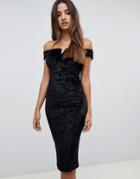 Scarlet Rocks Bardot Crushed Velvet Midi Dress In Black - Black