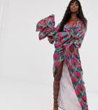 Ttya Ruffle Sleeve Wrap Over Maxi Dress In Contrast Geo Print-multi