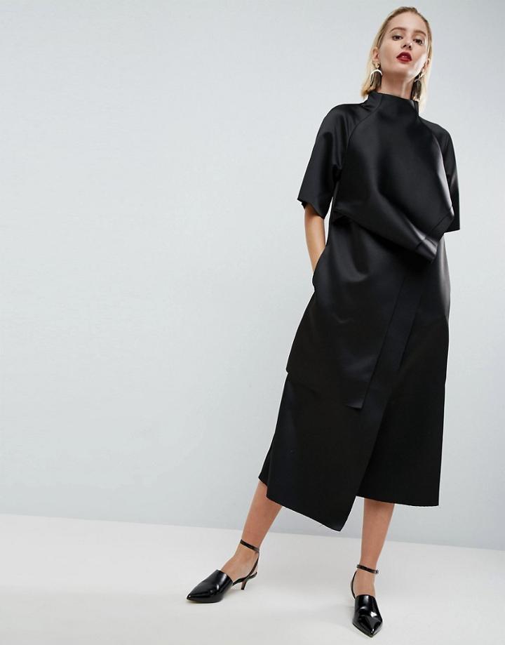 Asos White Satin Midi Dress With Tuck Detail - Multi
