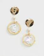 Asos Design Earrings With Bamboo Hoop And Faux Freshwater Pearl In Gold Tone