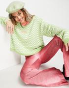The Ragged Priest Relaxed Boxy Sweater In Lime Wave Print-green