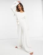 River Island Tie Waist Wide Leg Lounge Set Knit Pant In Cream-white