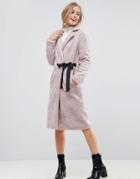 Asos Longline Faux Fur Coat With Side Belt Detail - Brown