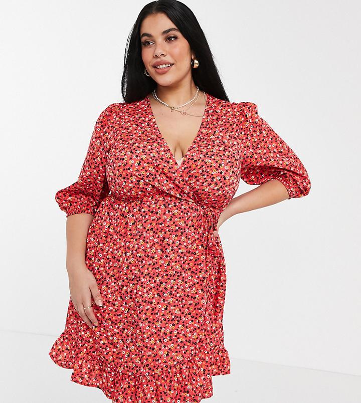 New Look Curve Wrap Mini Dress In Red Floral Print-pink