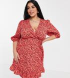 New Look Curve Wrap Mini Dress In Red Floral Print-pink