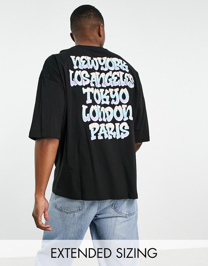Asos Design Oversized T-shirt In Black With Cartoon Front And Back Text Print