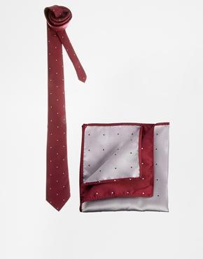 Asos Polka Dot Tie And Pocket Square Set - Red