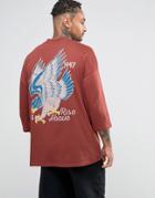 Asos Oversized 3/4 Sleeve T-shirt With Souvenir Back Print - Red