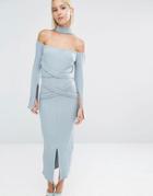 Lavish Alice Rib Knit High Neck Wrap Around Belt Midi Dress - Blue