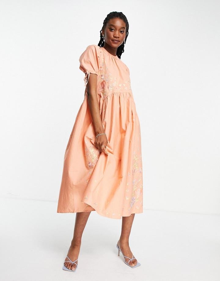 Asos Design Cotton Poplin Embroidered Midi Smock Dress With Open Back In Peach-pink