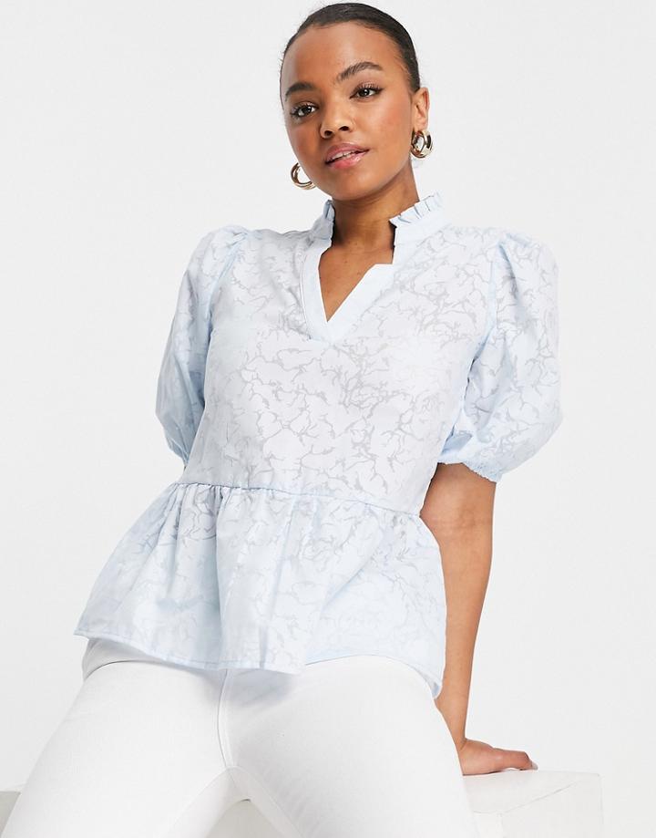 Selected Femme Blouse With Puff Sleeves In Light Blue-grey